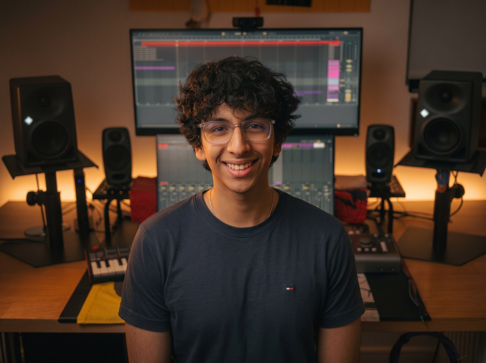 Luis Ignacio smiling at his mixing desk, between his studio monitors, with a session open on screen