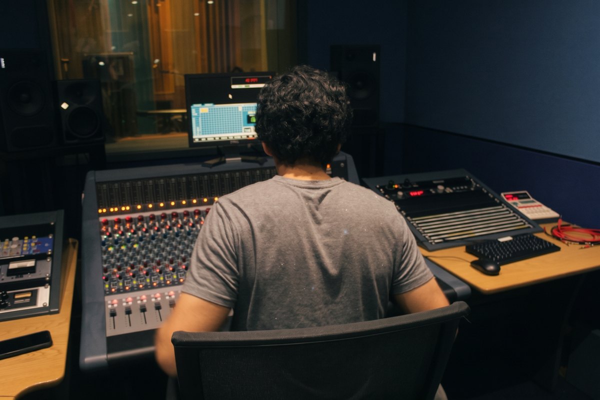 Luis at the console in a control room, facing the monitors